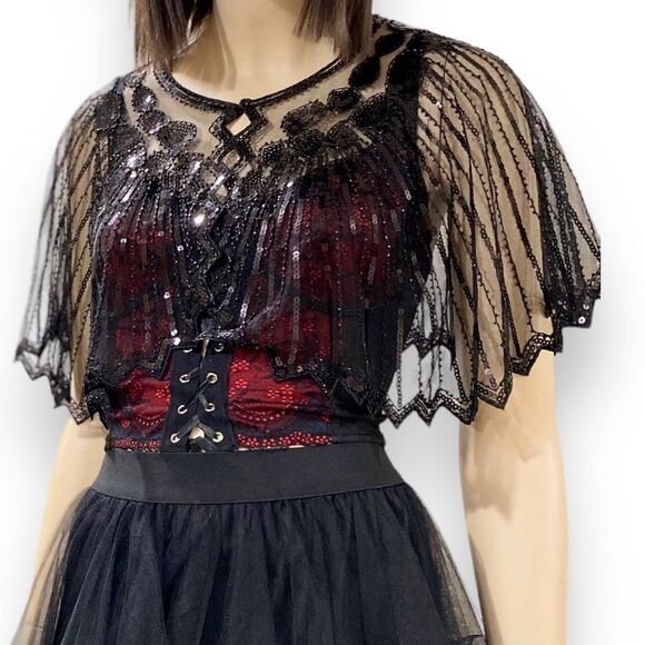 Wild Time Fashion Jackets & Blazers - Black Draped Sequin Beaded Asymmetrical Hemline Bolero Cape NEW